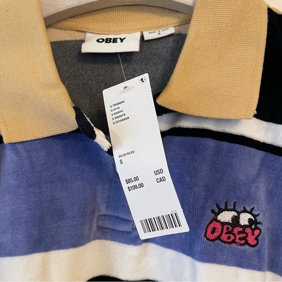 Obey Polo Shirt Velour Long Sleeves Striped Small Embroidered Cropped NWT - Picture 5 of 17